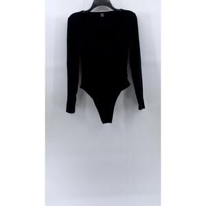 SHEIN Women's Black Ribbed Straight-Neck Long Sleeve Bodysuit SZ 6